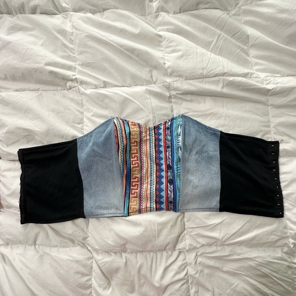 Women’s Denim Bustier Top Small Aztec Print Blue Orange Geometric Jean Crop Top - Picture 3 of 5